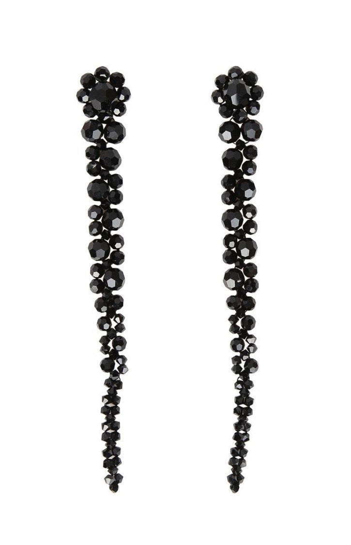 Long Drop Earrings With Faceted Black Beads And Flower Cluster