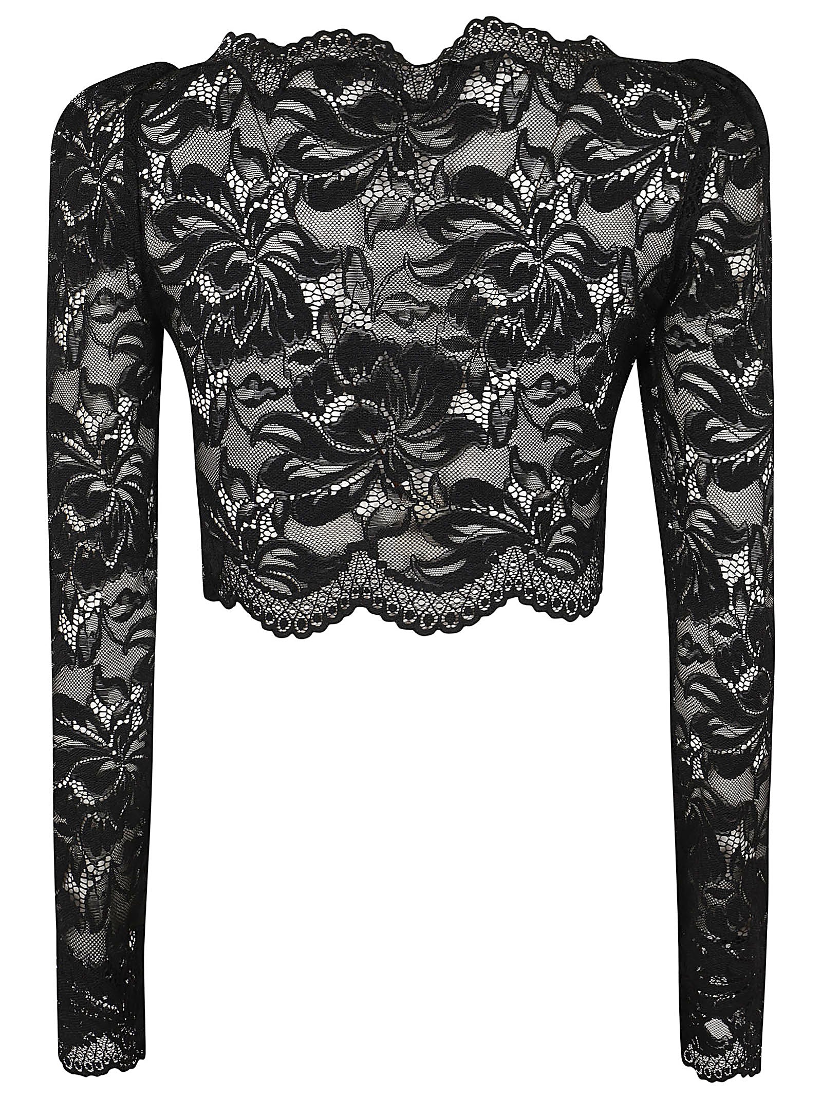Black Floral Lace Long-Sleeved Top with Scalloped Hemline