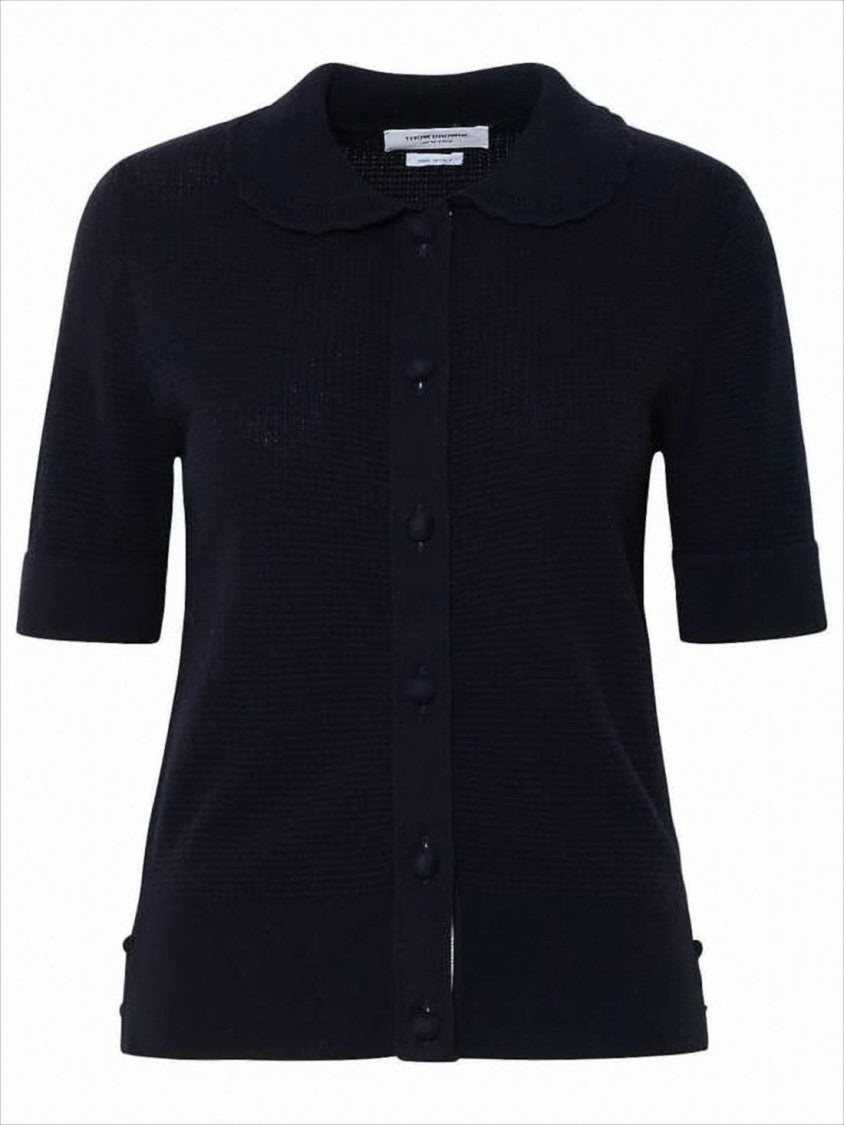Short-Sleeved Knitted Sweater with Button-Down Front and Unique Lacing