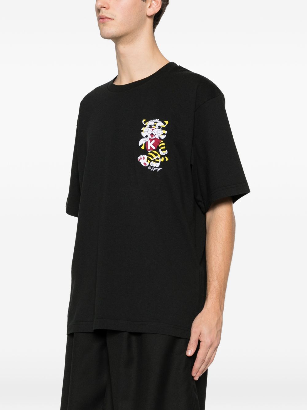 Short-Sleeve Black T-Shirt With Embroidered Tiger