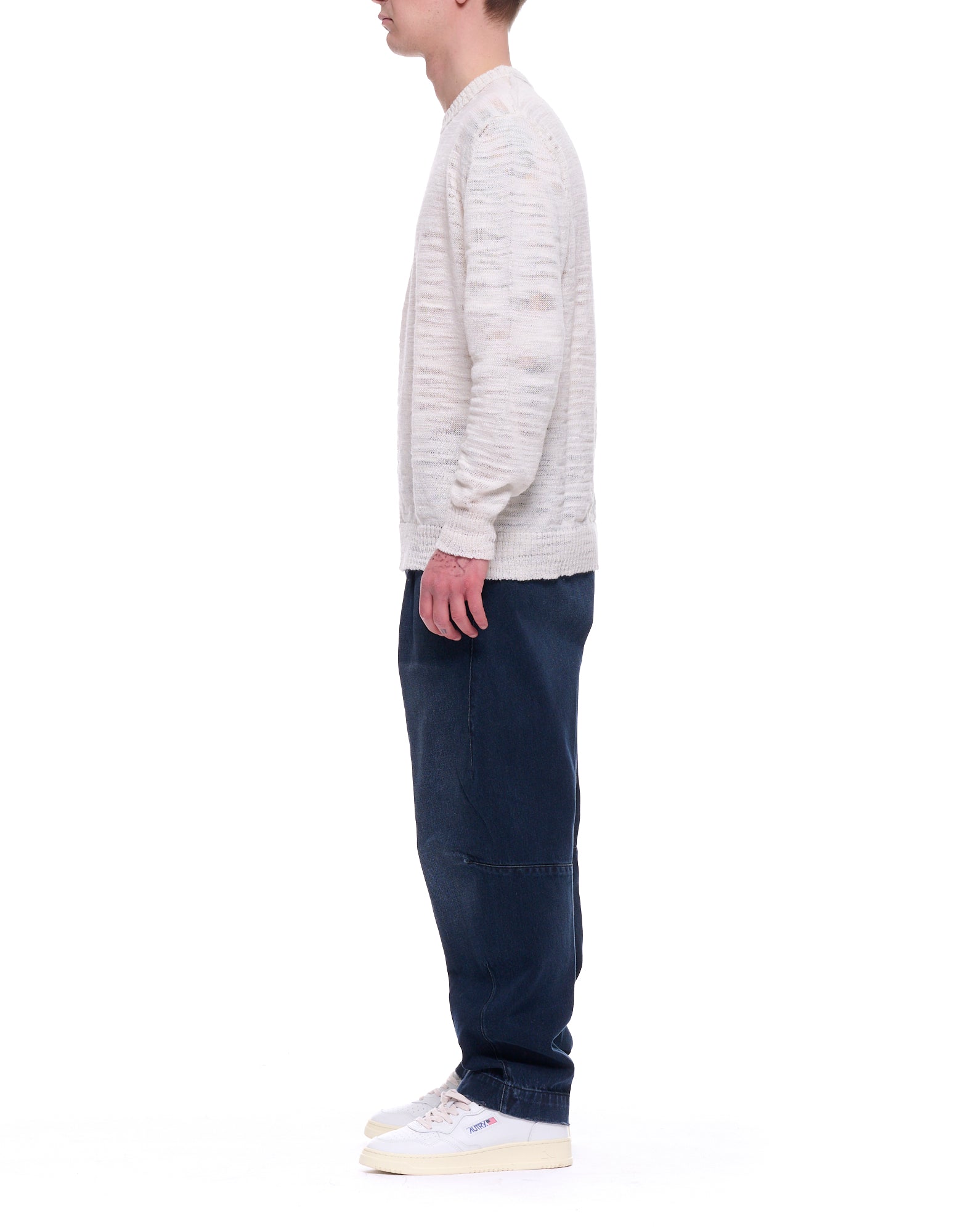 White Slub Crew-Neck Linen Blend Sweater