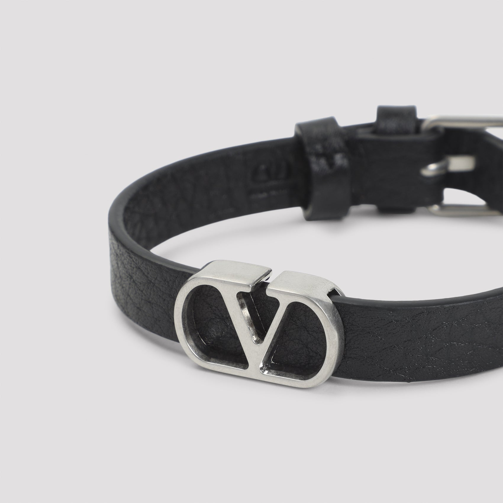 Textured Leather Bracelet with Polished Metal Buckle