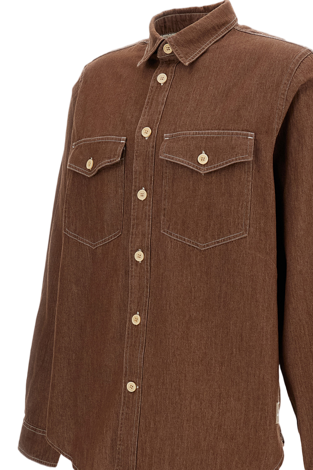 Textured Brown Cotton Shirt With Pointed Collar And Structured Pockets