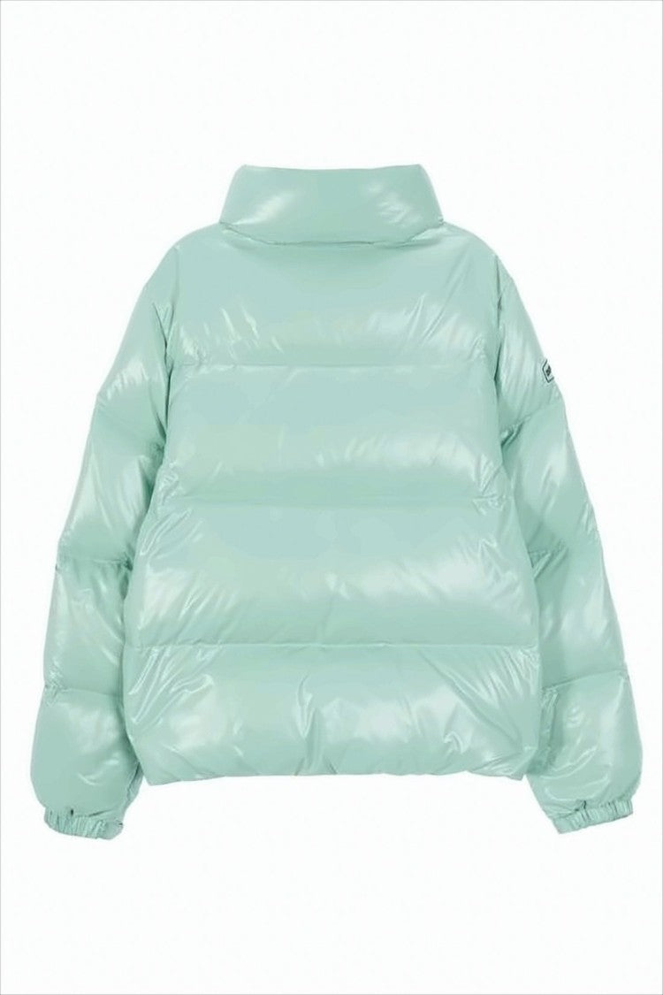 Cropped Green Puffer Jacket With High Collar And Glossy Finish