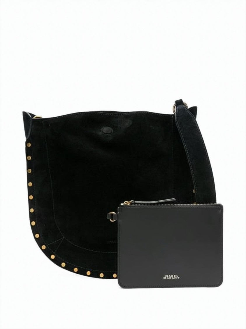 Curved Black Suede Shoulder Bag with Gold-tone Studs