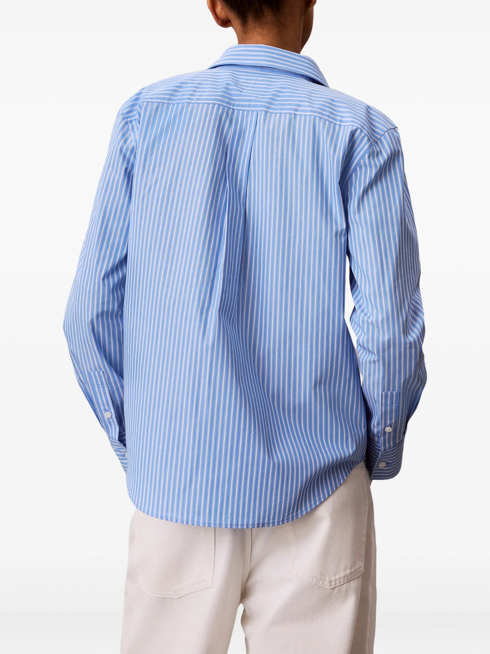 Light Blue Vertical Striped Poplin Shirt with Classic Collar