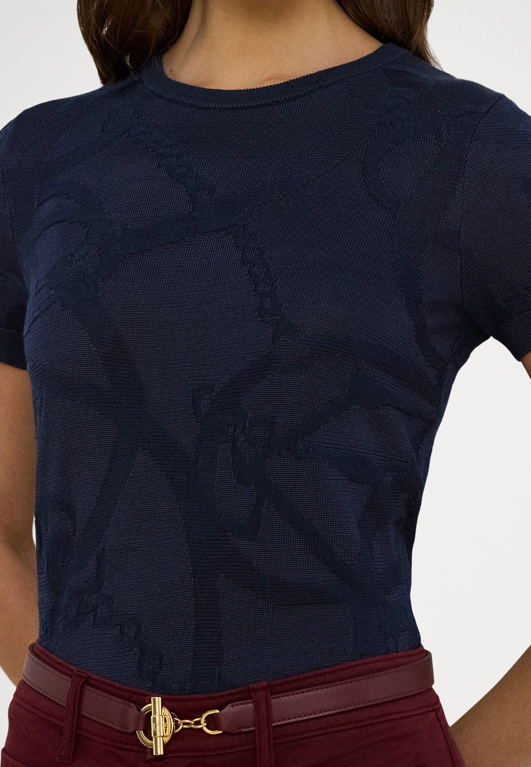 Navy Blue Eyelah Rayon Pullover Knit Top