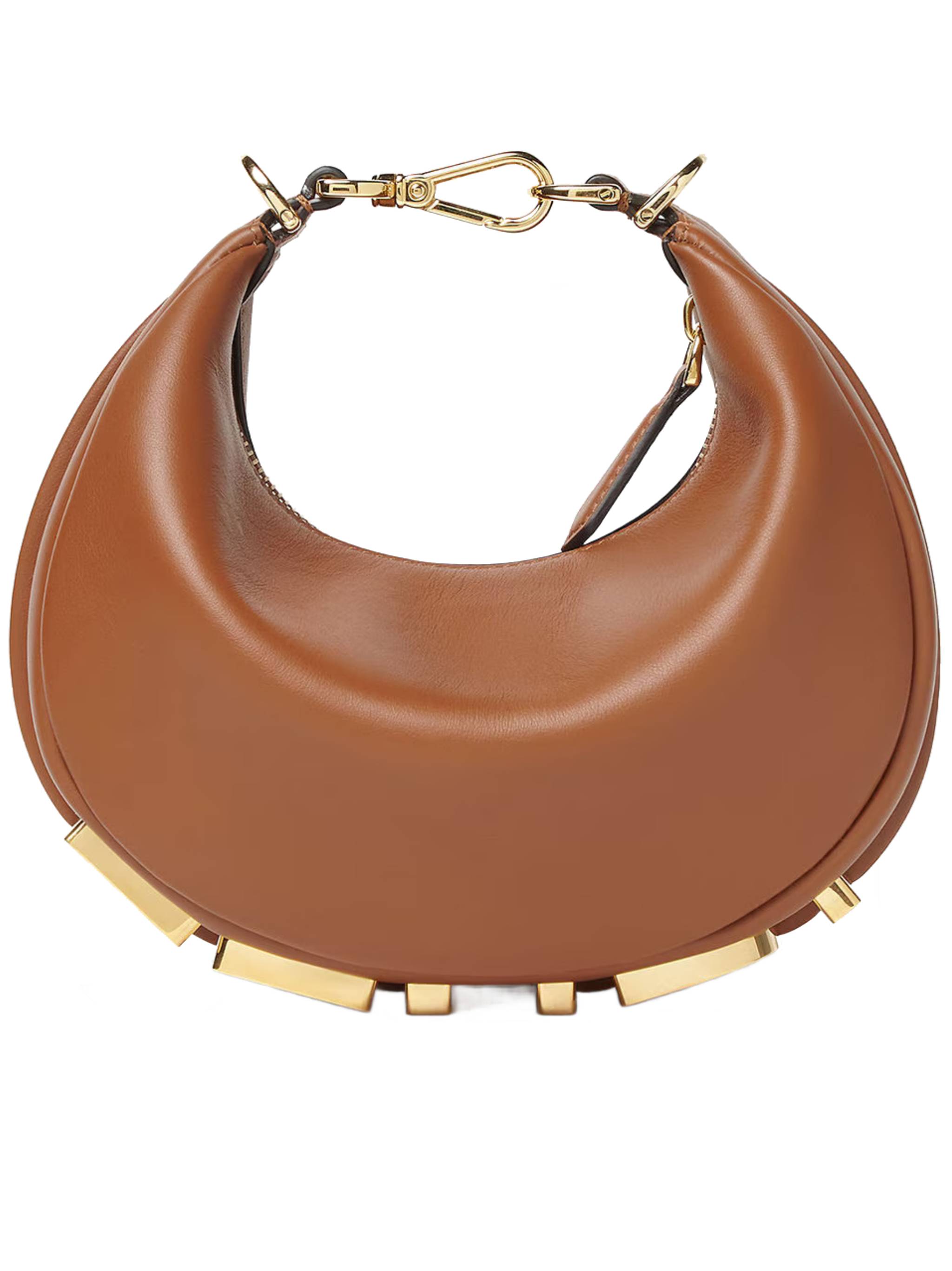 Crescent-Shaped Leather Handbag with Polished Finish and Bold Letter Embellishments