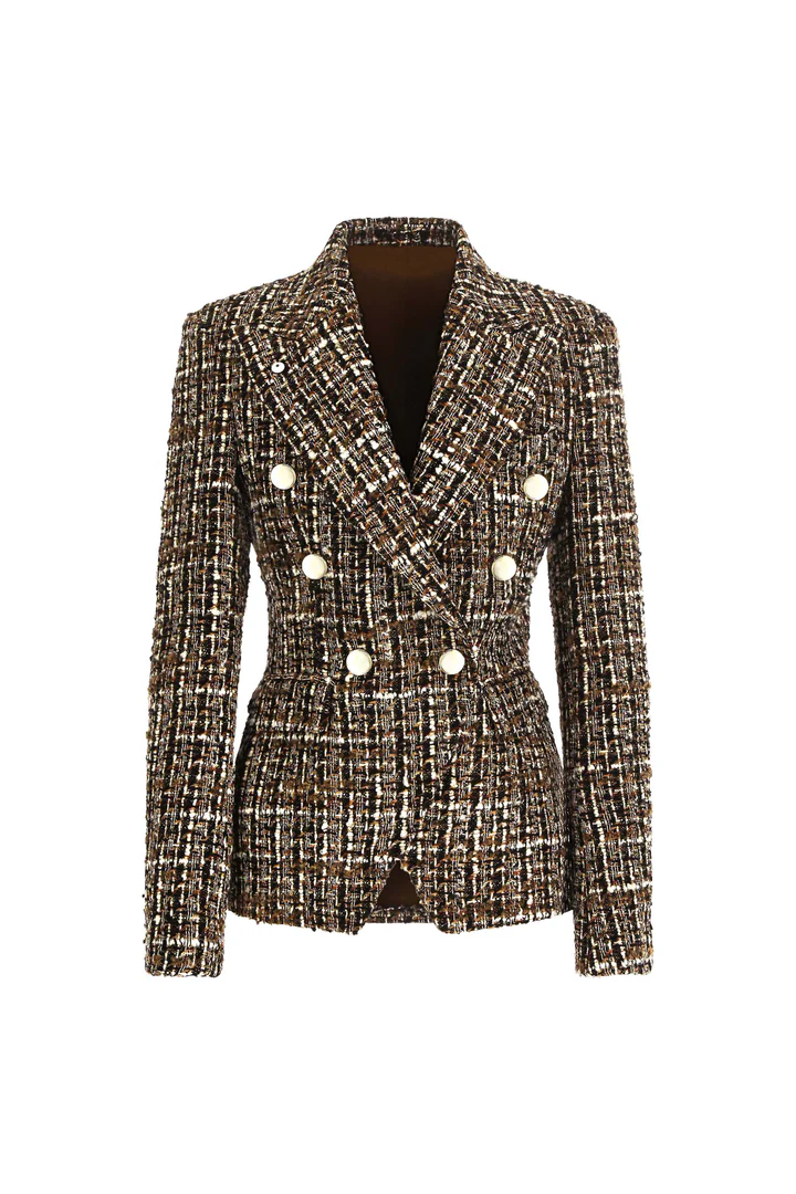 Double-Breasted Bouclé Tweed Jacket With Gold-Tone Buttons