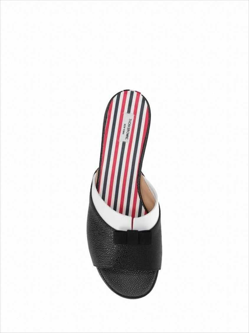 Open-Toe Black Leather Mules with Bow Detail