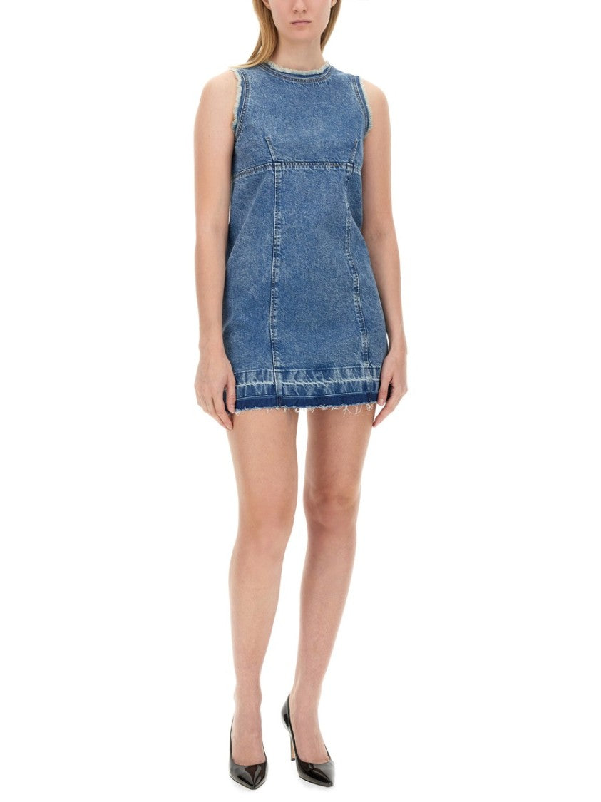 Sleeveless Fitted Denim Dress With Frayed Hem
