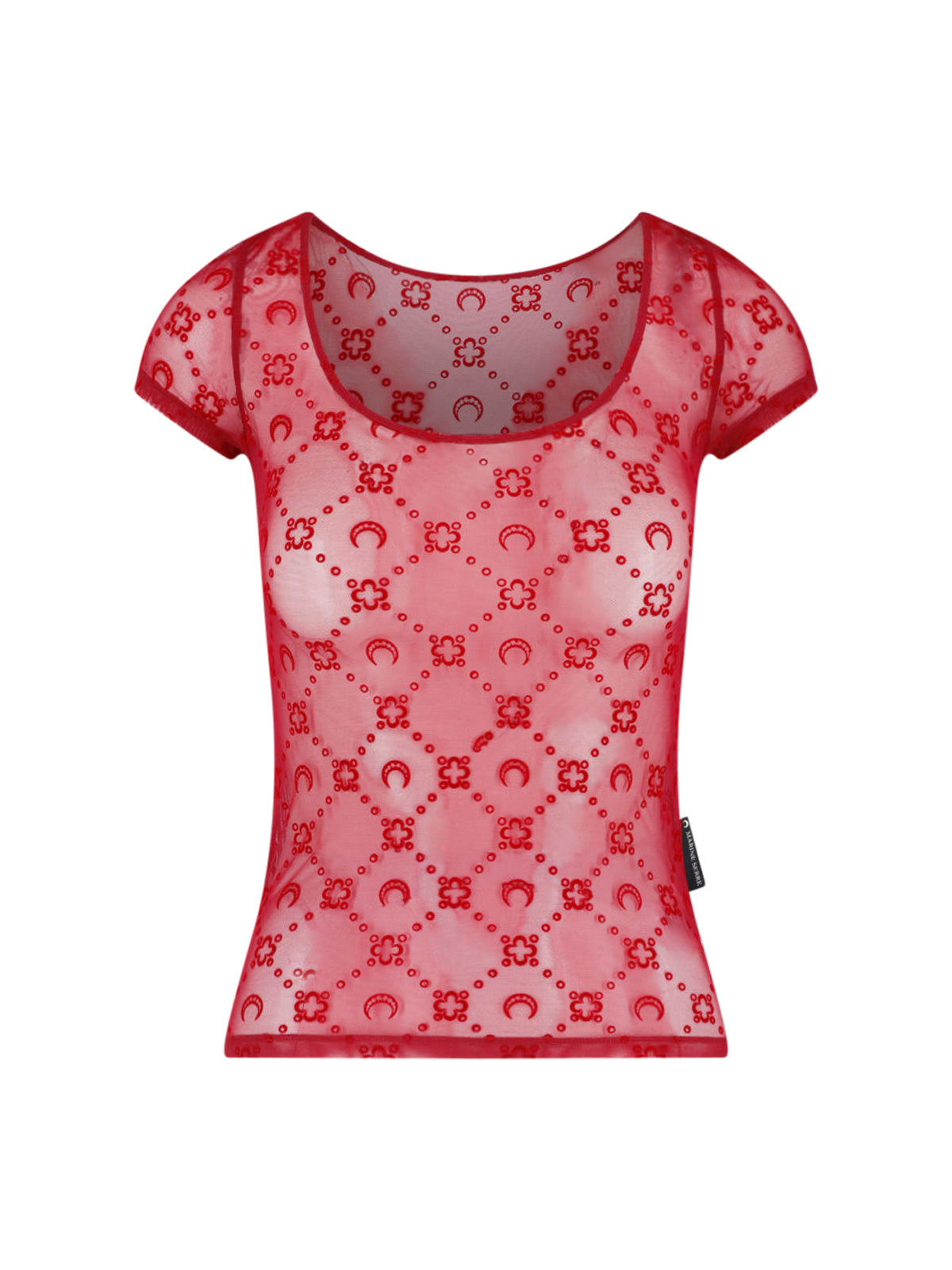 Red Moonogram Flocked Mesh Fitted Top