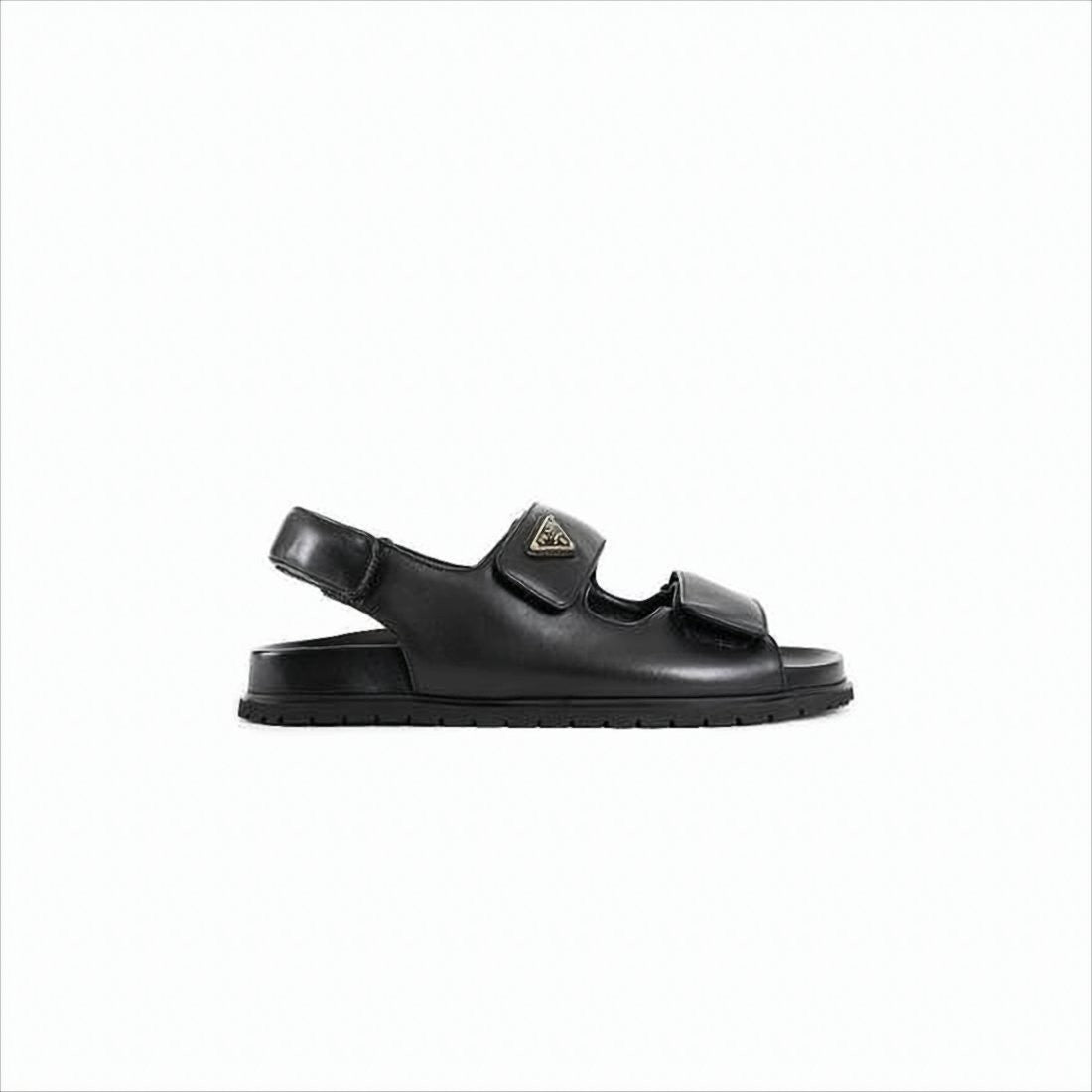 Black Leather Sandals With Adjustable Straps And Metal Logo