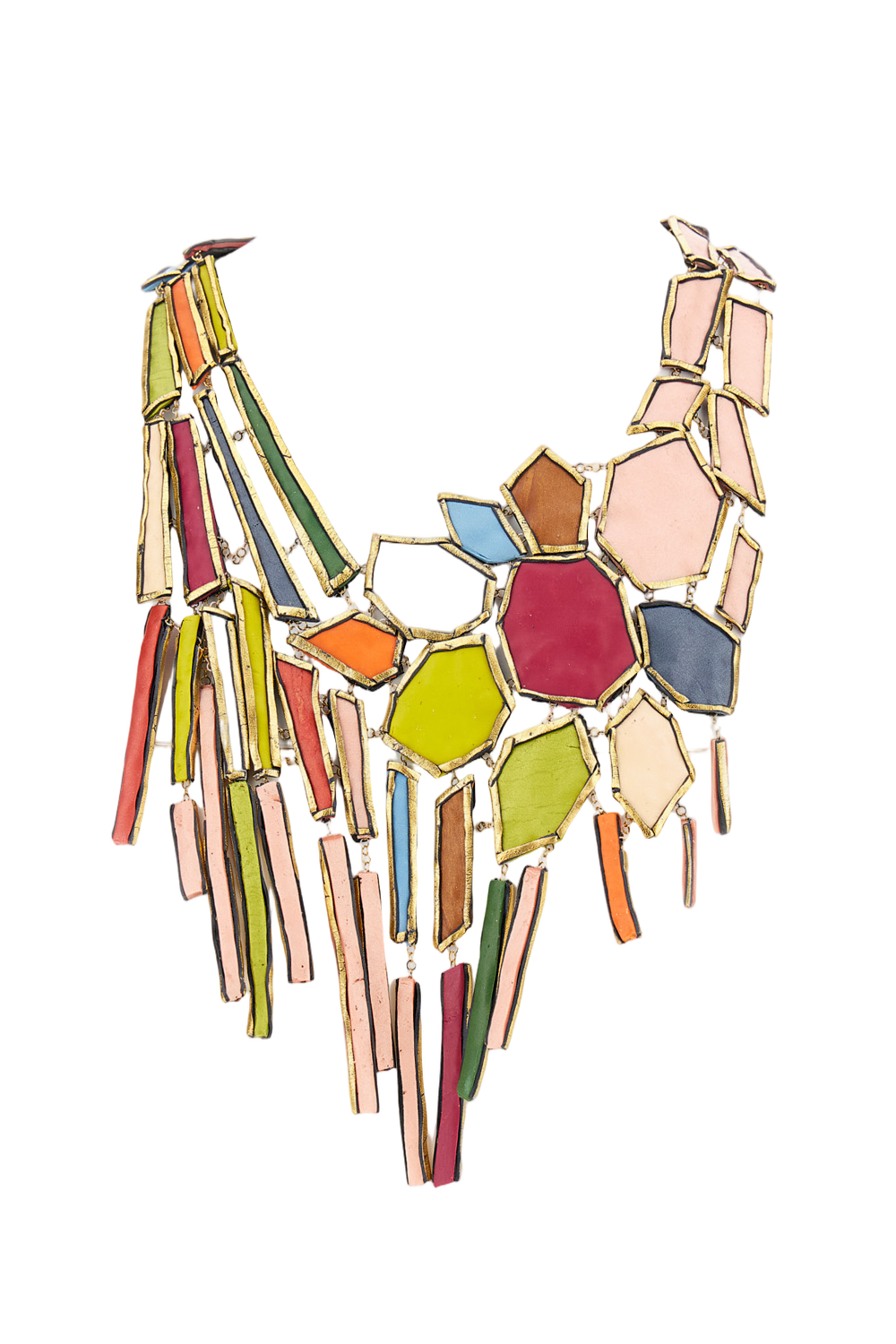 Multicolored Geometric Pendant Necklace With Gold-Tone Outlines
