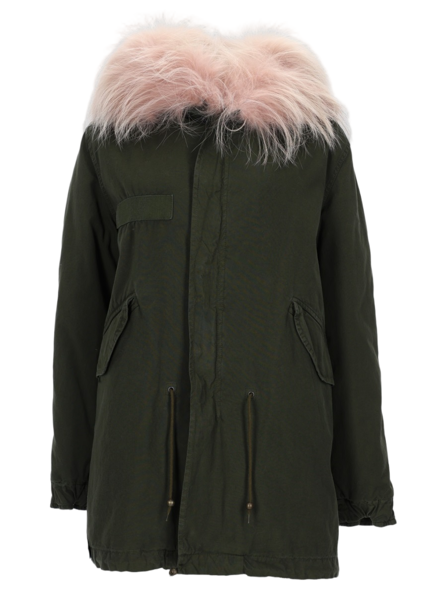 Parka With Deep Olive Green Body And Plush Pink Fur Trim