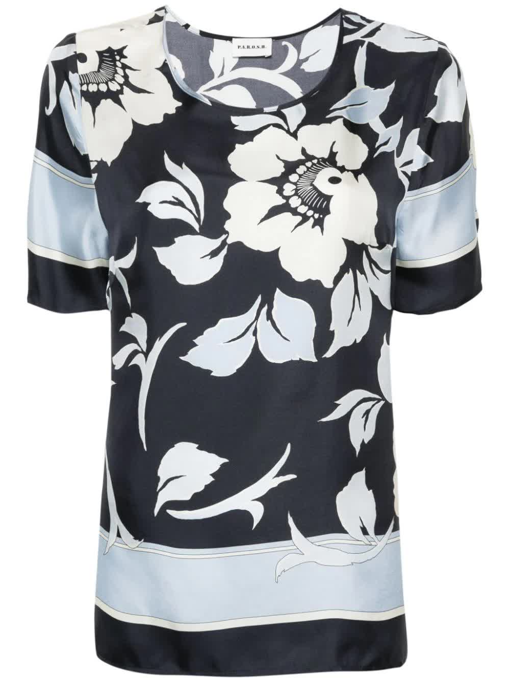 Floral Print Silk Short Sleeve Blouse