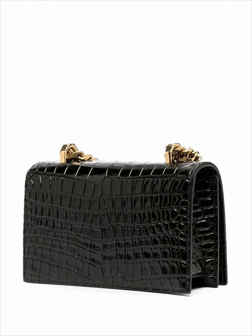 Crocodile-Embossed Black Calf Leather Crossbody Bag