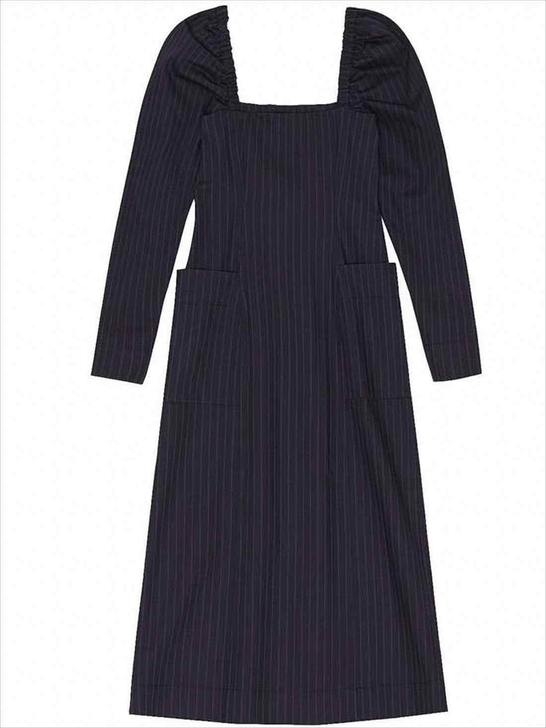 Square Neck Puffed Sleeve Midi Dress with Button-Down Front