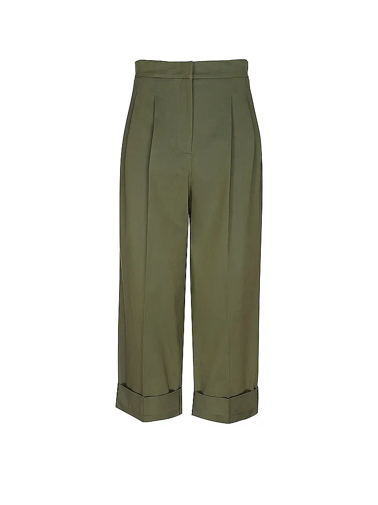 Cropped Olive Green Pants With Pleated Front