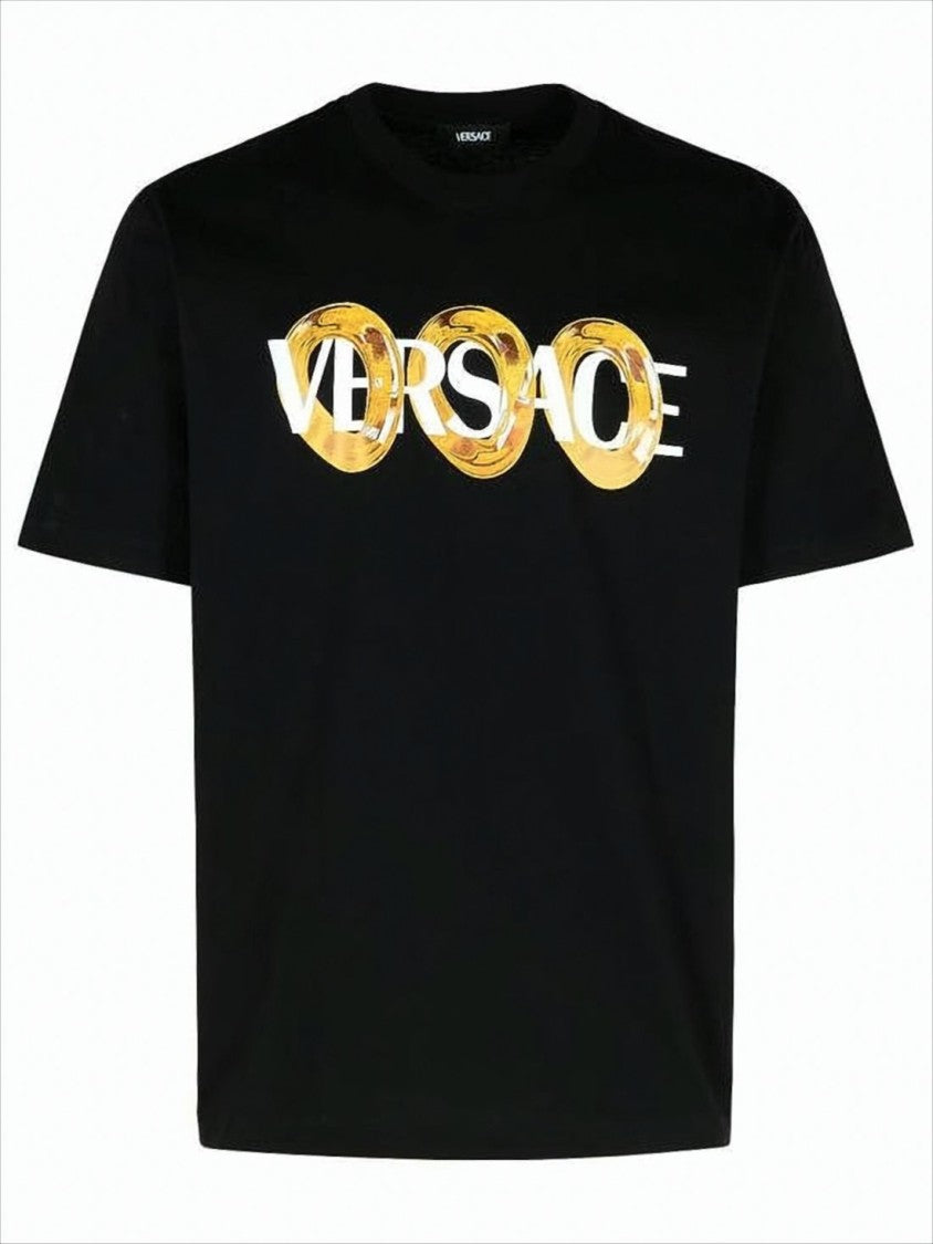 Classic Black T-Shirt with Bold Logo and Gold Chain Motif