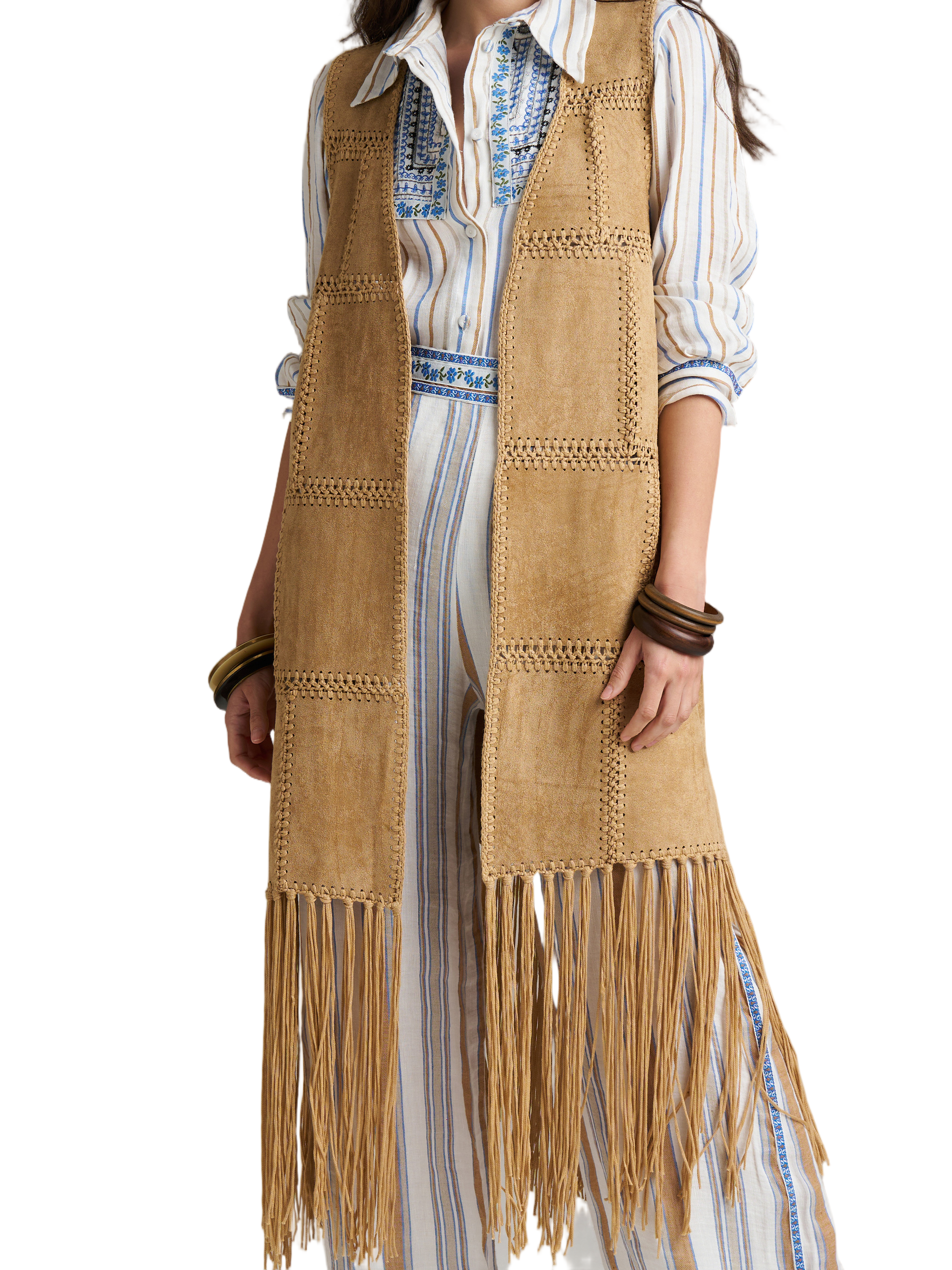 Tan Eco Suede Fringe Long Vest