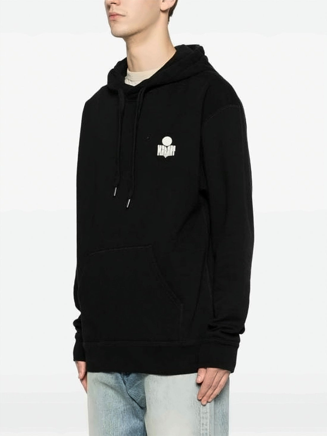 Relaxed Fit Black Hoodie with Adjustable Drawstring and Contrasting Logo