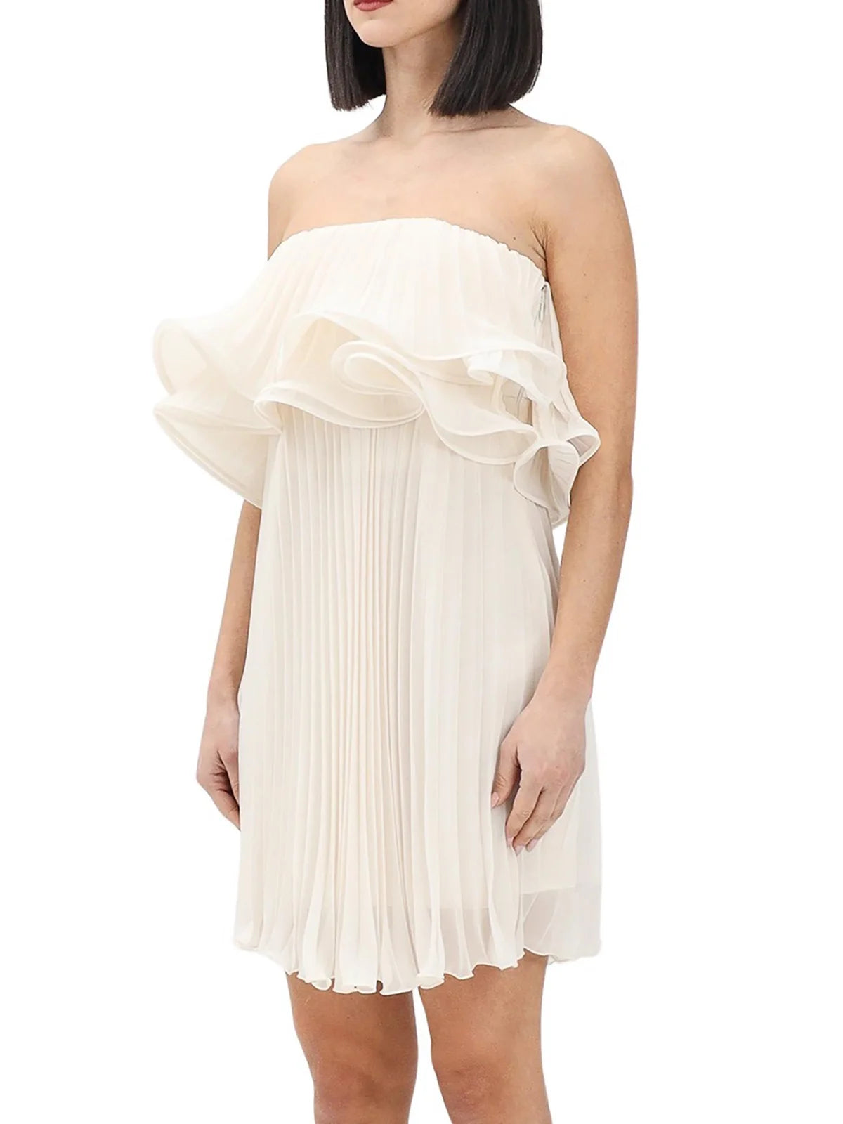 White Polyester Pleated Mini Dress