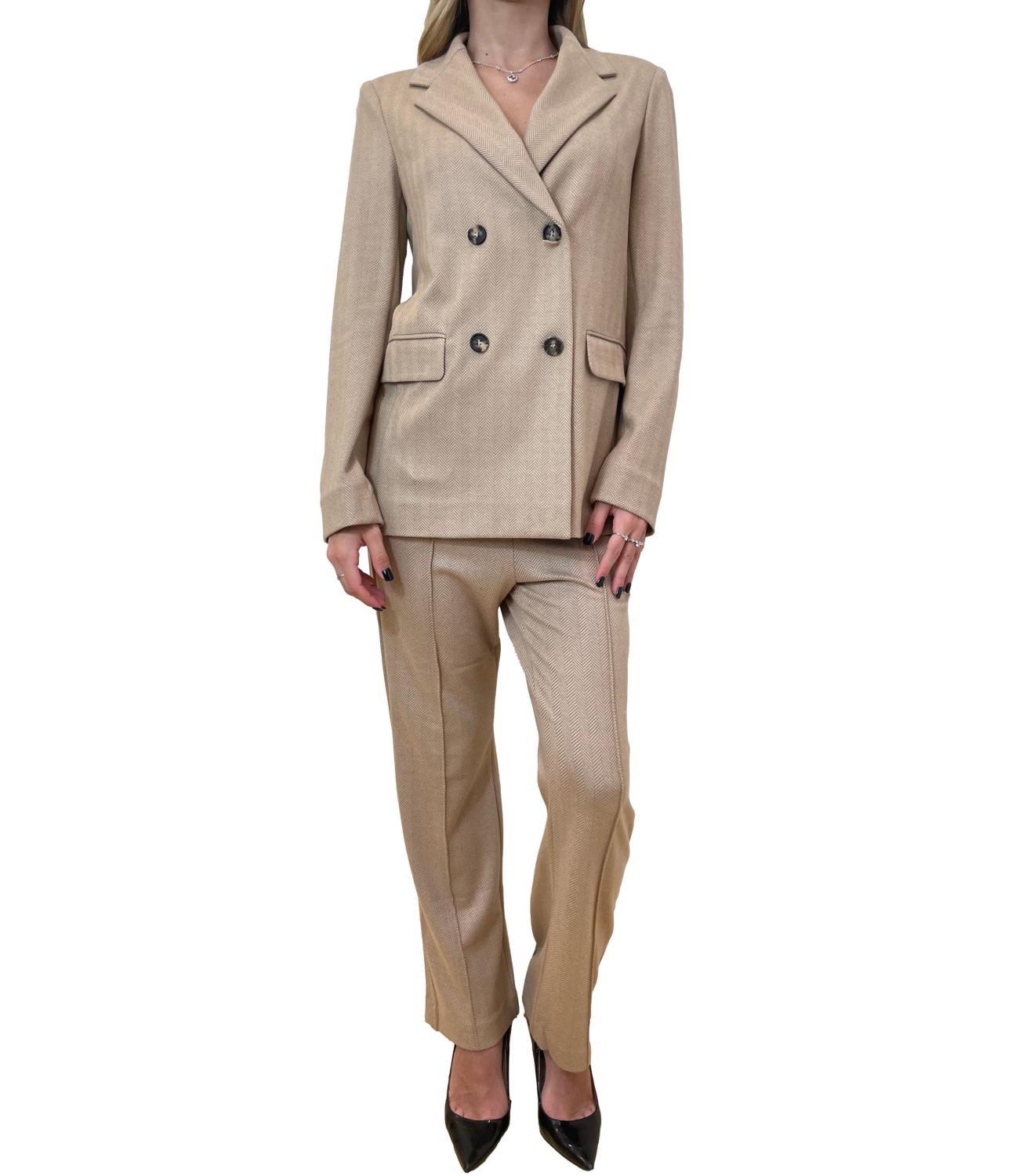 Double-Breasted Beige Herringbone Jacket With Wide Lapels