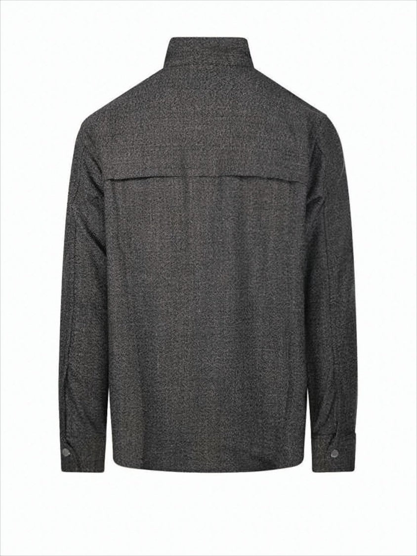 Structured Dark Grey Shirt Jacket With High Collar And Chest Pockets