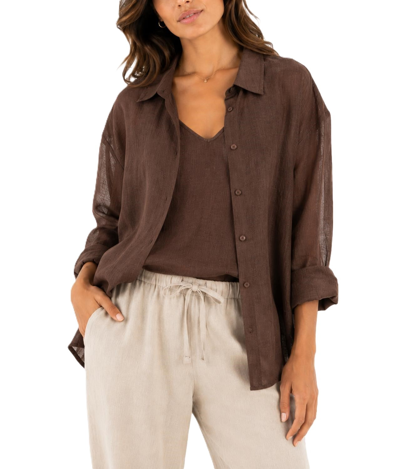 Relaxed-Fit Brown Button-Up Shirt Layered