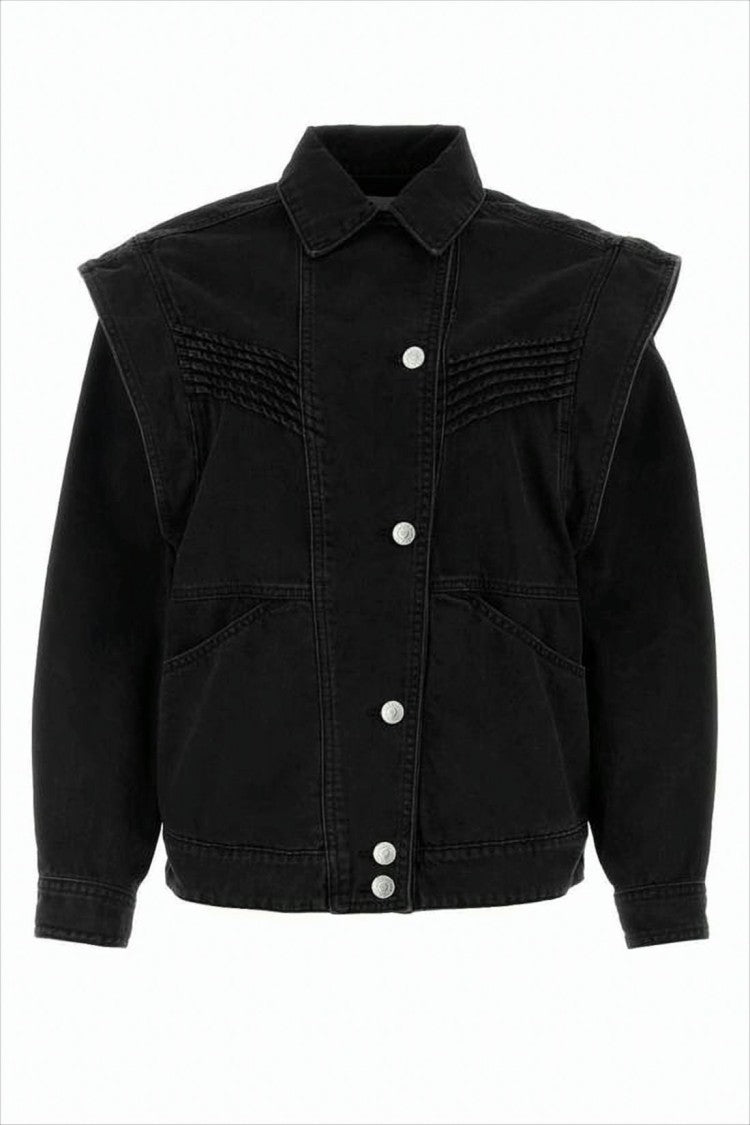 Structured Black Denim Jacket with Pronounced Shoulders