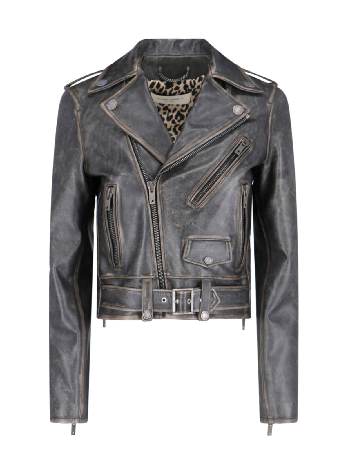 Biker Jacket, In Black Calfskin, Worn Effect