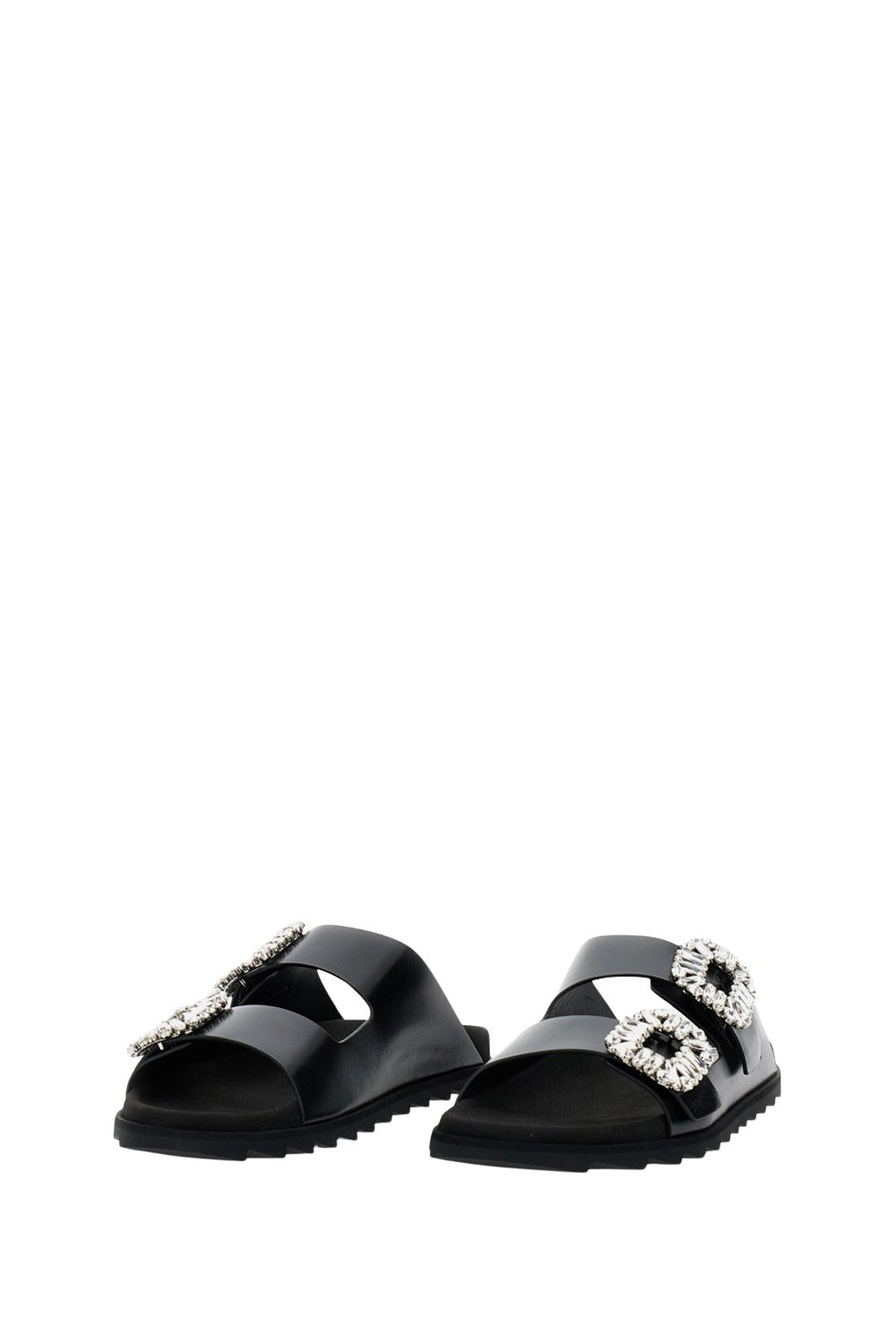 Flat Black Sandals With Crystal Embellishments