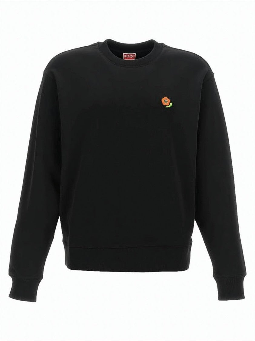 Black Long-Sleeve Sweatshirt with Embroidered Floral Detail