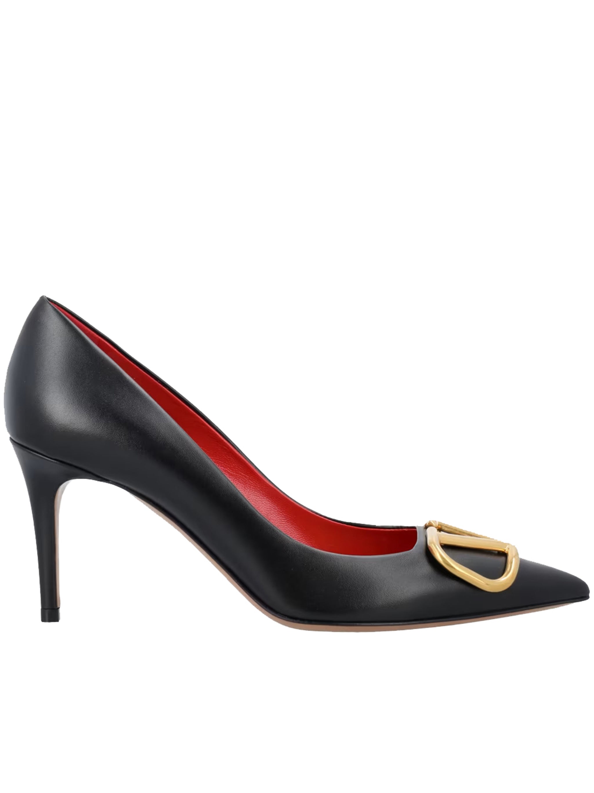 Black Pointed-Toe Gold Buckle Leather Pumps