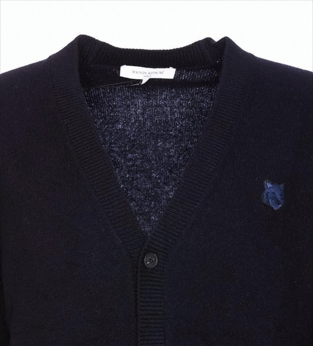 V-Neck Wool Cardigan With Button-Down Front And Embroidered Logo