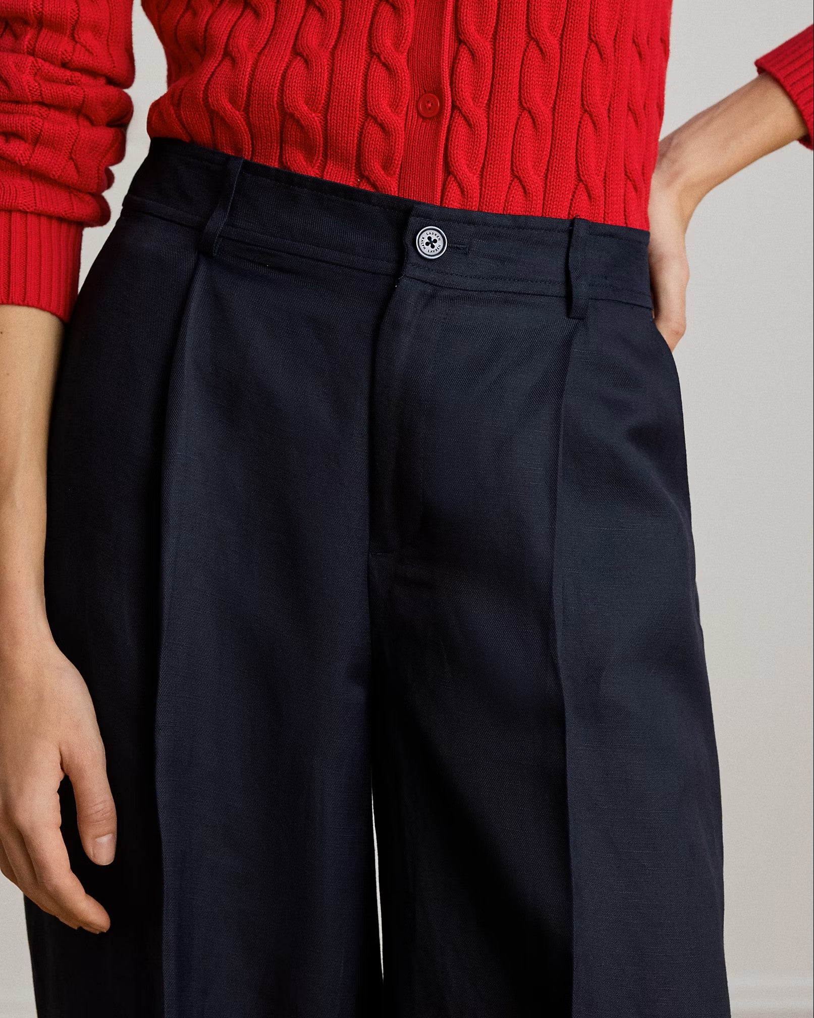 Navy Blue Woven Linen Wide Trousers