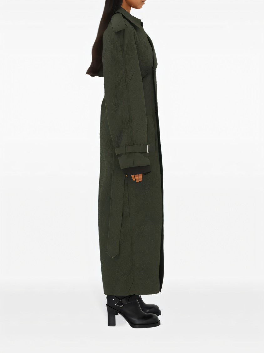 Quilted Green Long Coat with Belted Waist