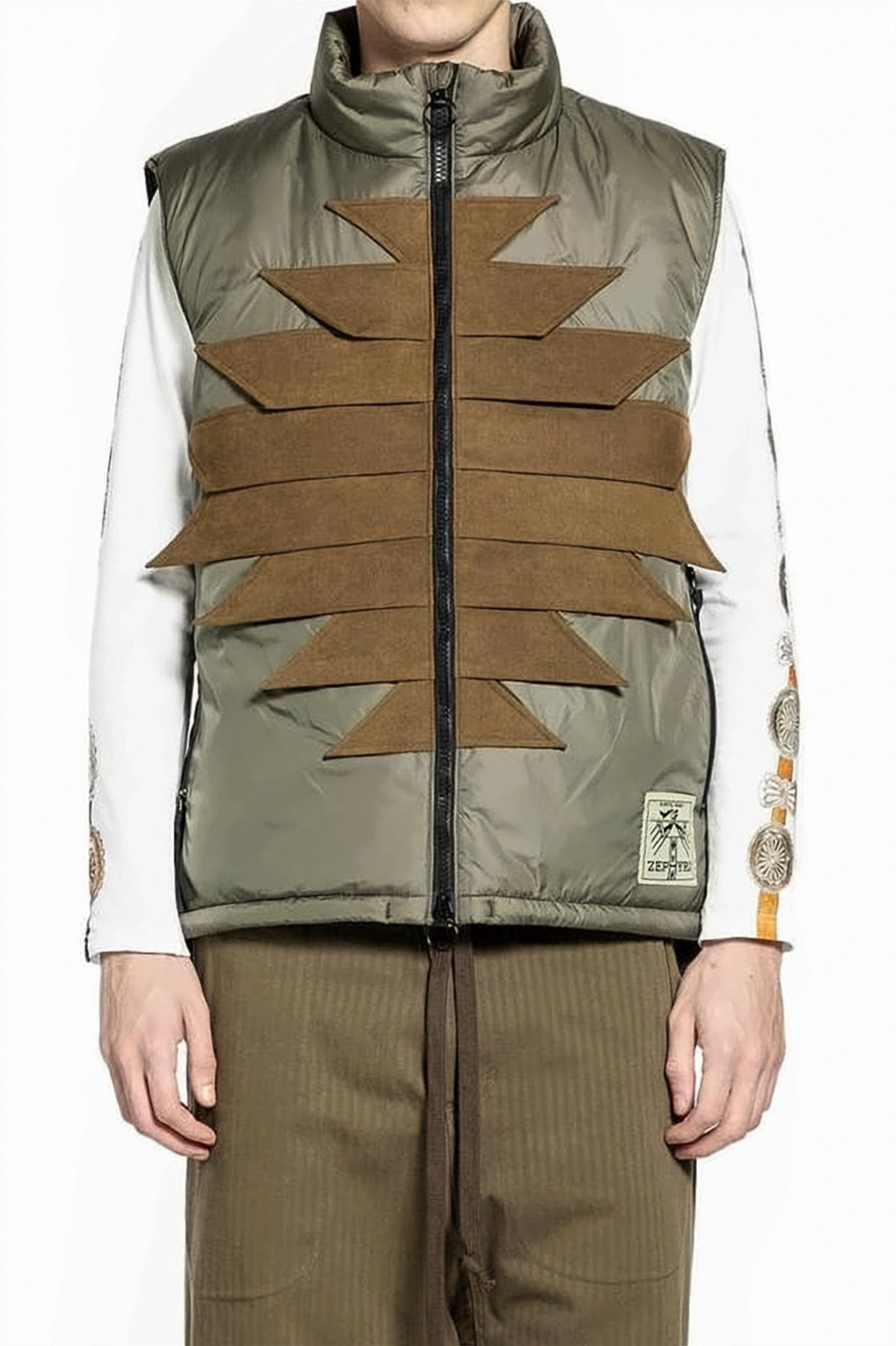 Geometric Patterned Padded Vest with High Collar