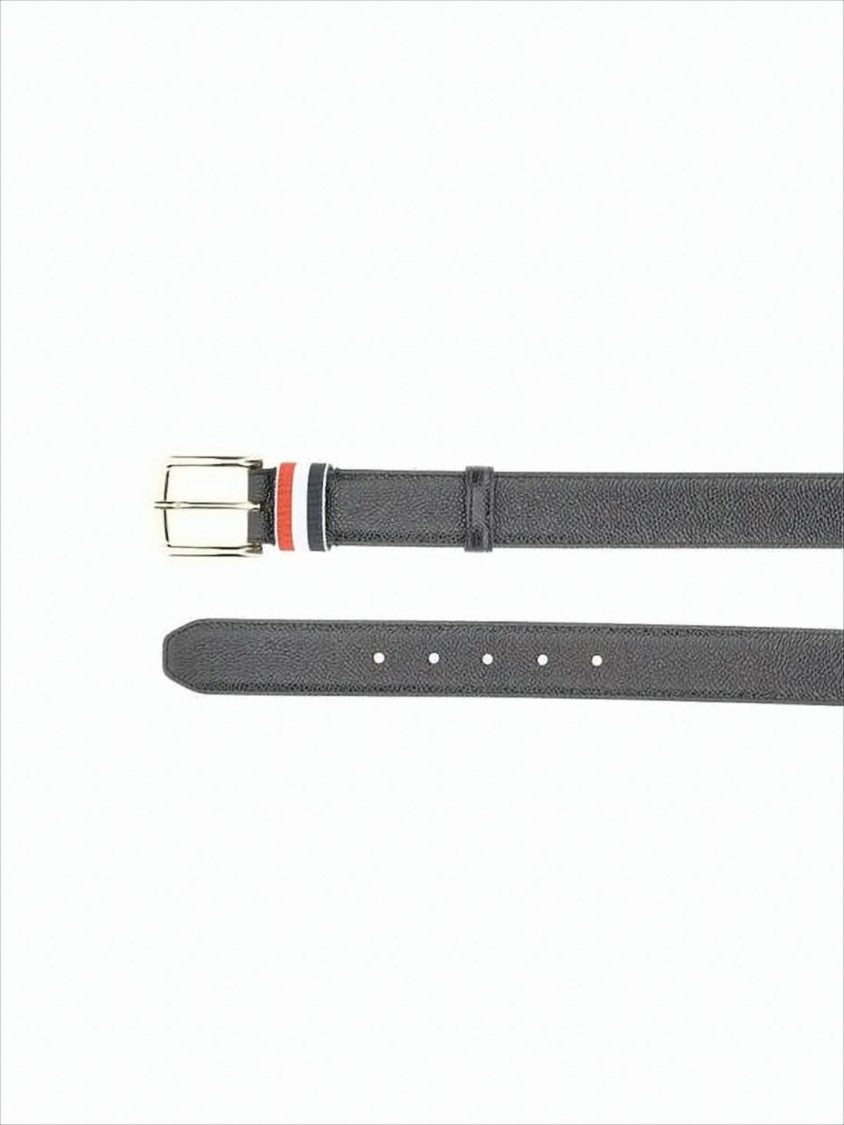 Textured Black Leather Belt with Gold-tone Buckle
