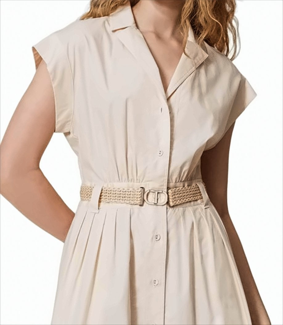 Long Chemisier Dress with Rafia Belt