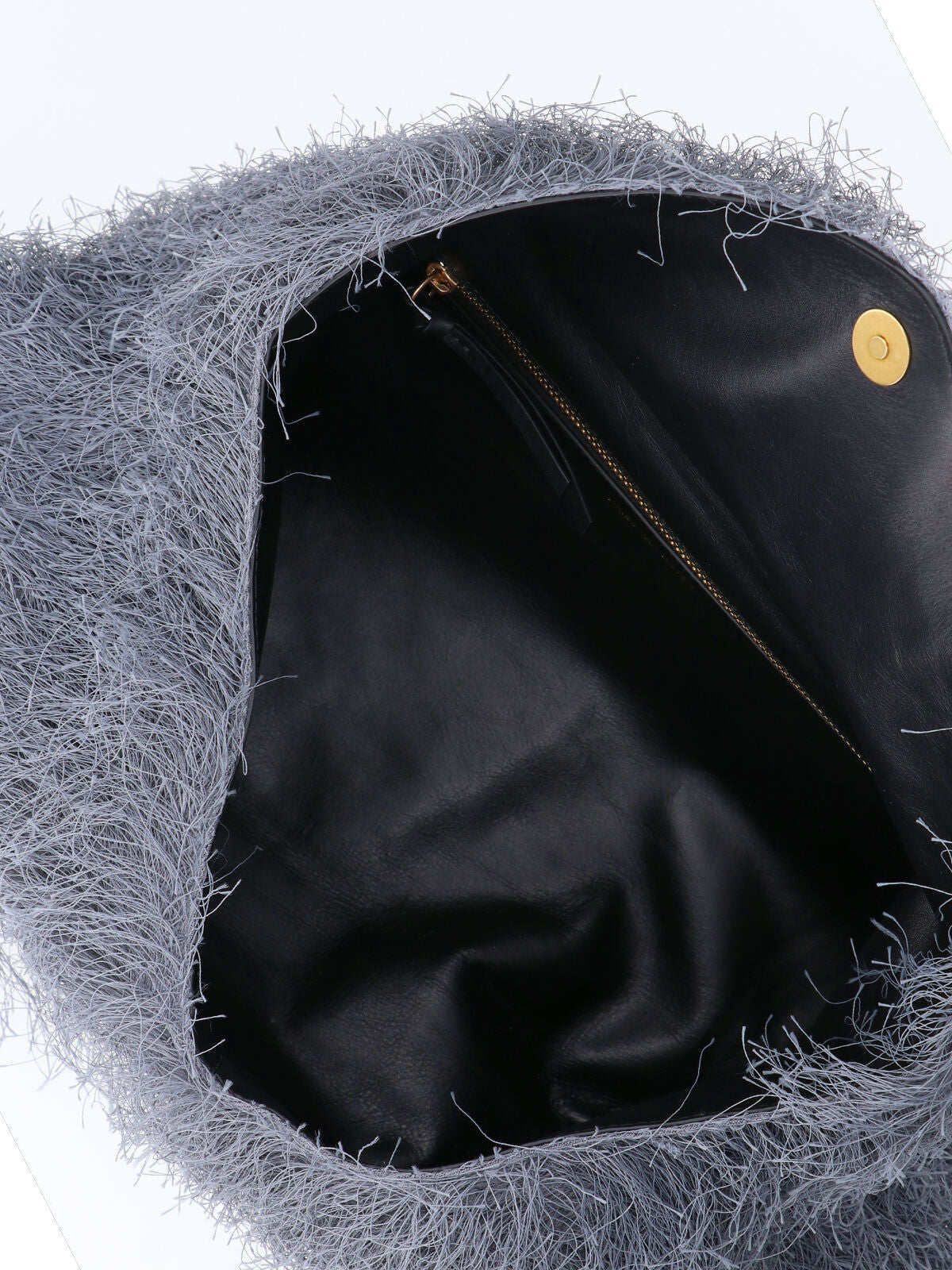 Fringe-Textured Grey Leather Shoulder Bag