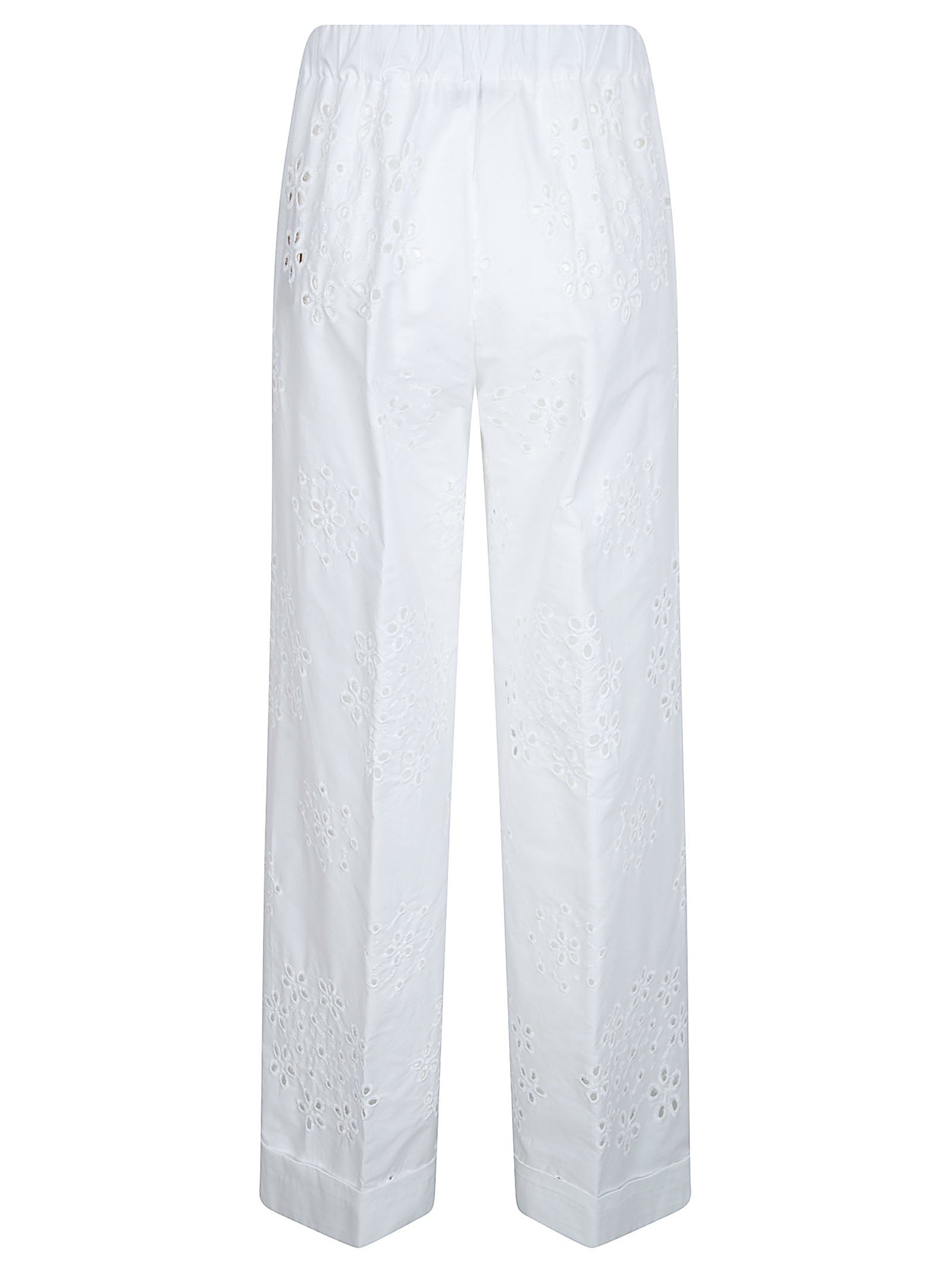 Straight-Leg White Trousers with Floral Eyelet Embroidery