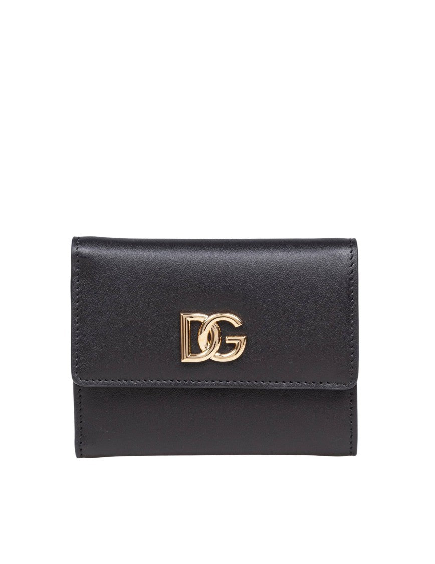 Black Leather Wallet With Metal Dg Logo