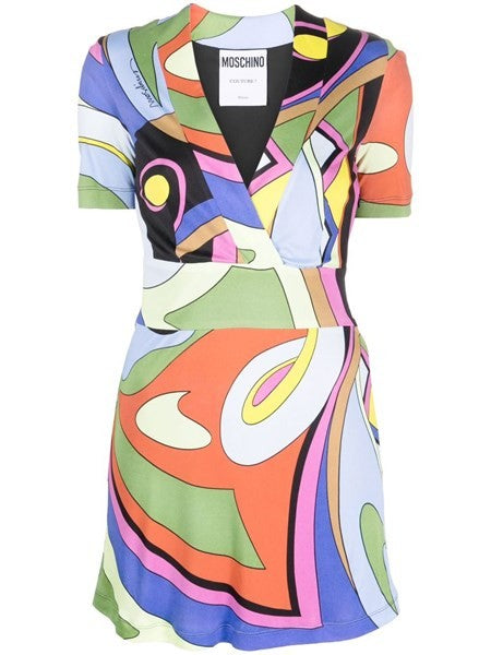 Multicolor Geometric Print Short V -Neck Dress