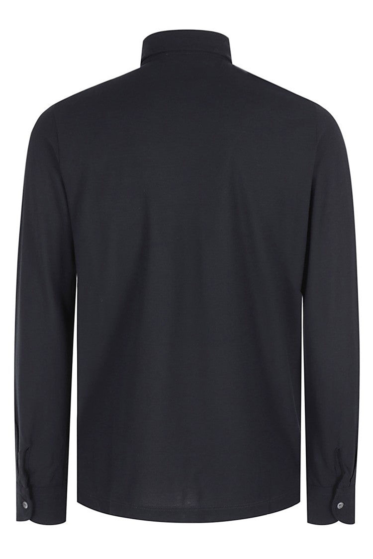 Blue Icecotton Long-Sleeve Polo With Buttoned Collar