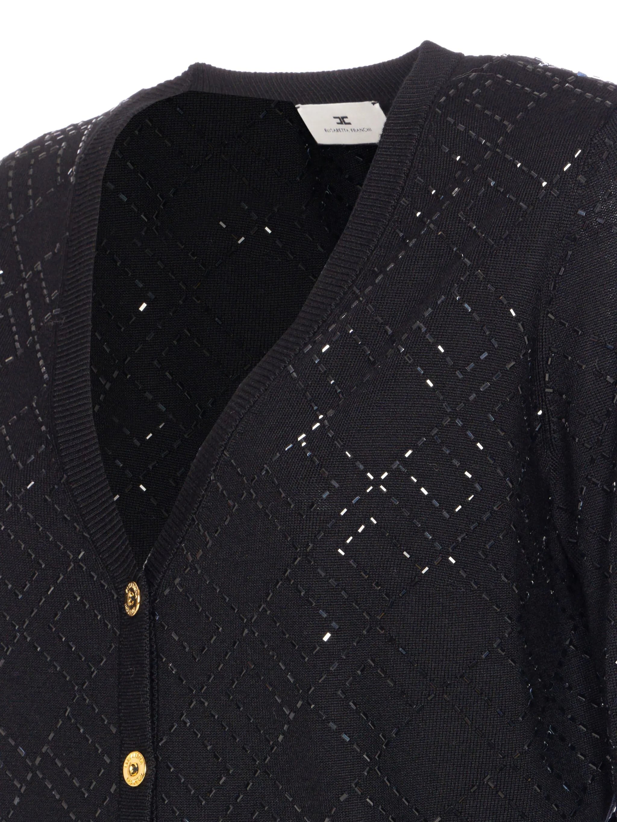 Diamond-Pattern Black V-Neck Knit Cardigan