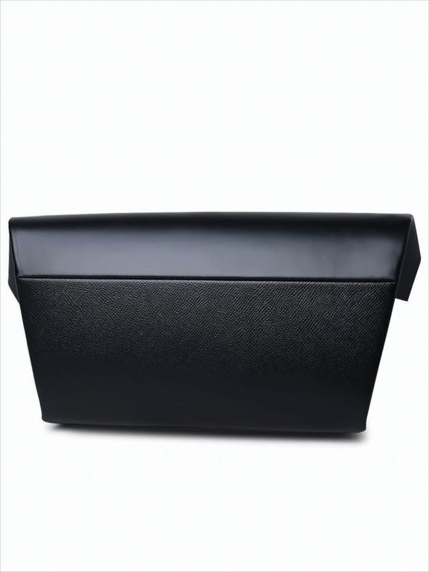 Structured Black Clutch With Metallic Logo Plaque