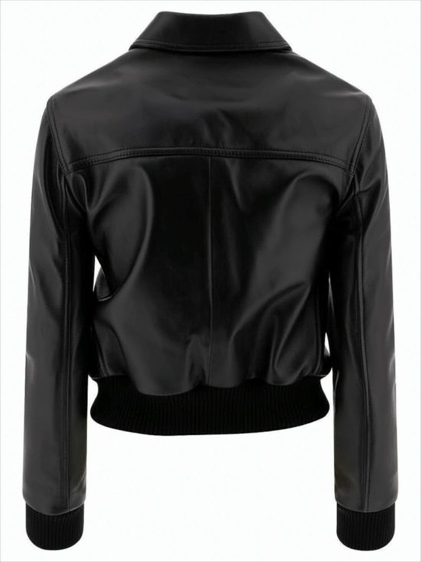 Cropped Lamb Leather Jacket with Classic Collar and Fitted Design