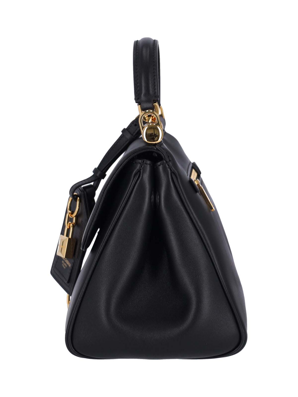 Structured Handbag with Gold-Tone Lock Charm and Adjustable Strap